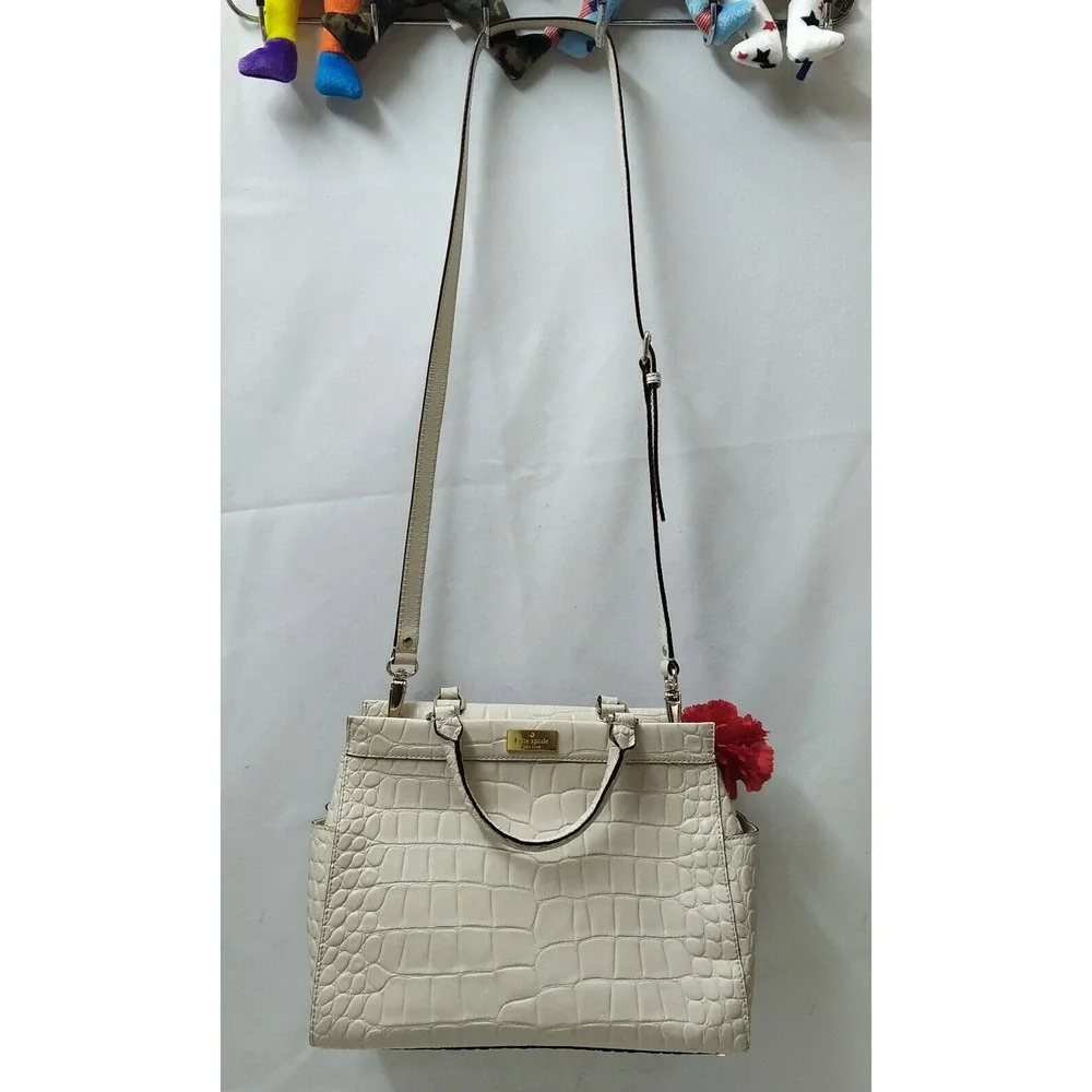Kate Spade New York Ivory Leather Crocodile Embossed Top Handle Satchel Bag